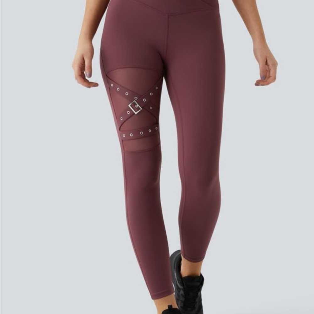 HALARA Maroon Leggings with Mesh and Buckle Accents